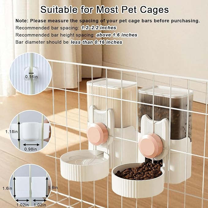 Hanging Automatic Pet Feeder Water Dispenser Set, 35oz Rabbit Food Bowl Water Bottle Cage-Mounted Gravity Hanging Feeder for Small Pets Rabbits Ferrets Cats Dogs Guinea Pigs (Pink)