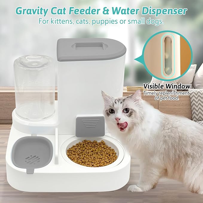 Fhiny Gravity Cat Feeder and Water Dispenser, 2 in 1 Automatic Pet Waterer Detachable Ceramic Food Bowls Set Pet Food Storage for Small Dog Puppy Cat Kitten Pet Easy Clean (Grey)