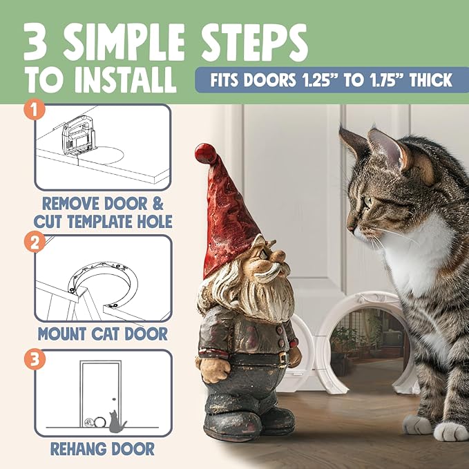 Gnome® Door Cat Door for Interior Doors - Stylish & Functional with No Flap, Lockable, and Easy Installation, Spacious Large Kitty Door for Cats Up to 20 lbs, Private and Comfortable Pet Door