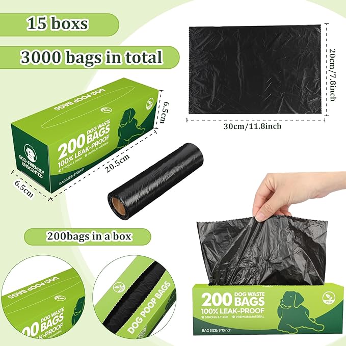 Sherr 15 Boxed Rolls 3000 Counts Dog Poop Bags Bulk Leak Proof Dog Waste Bags Doggy Poop Bags Pet Waste Bags for Puppy Pets Outdoor Walking and Travel, 10 Rolls of 200, Black