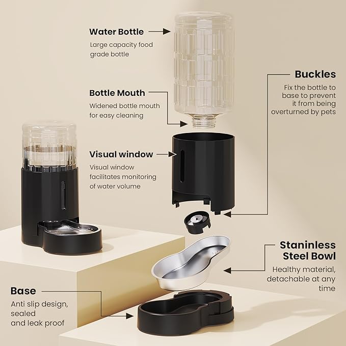 CZPET Automatic 4L/1Gal/135Oz Cat Water Dispenser with Stainless Steel Bowl, Gravity Waterer for Small Medium Dog Puppy Kitten (Black)