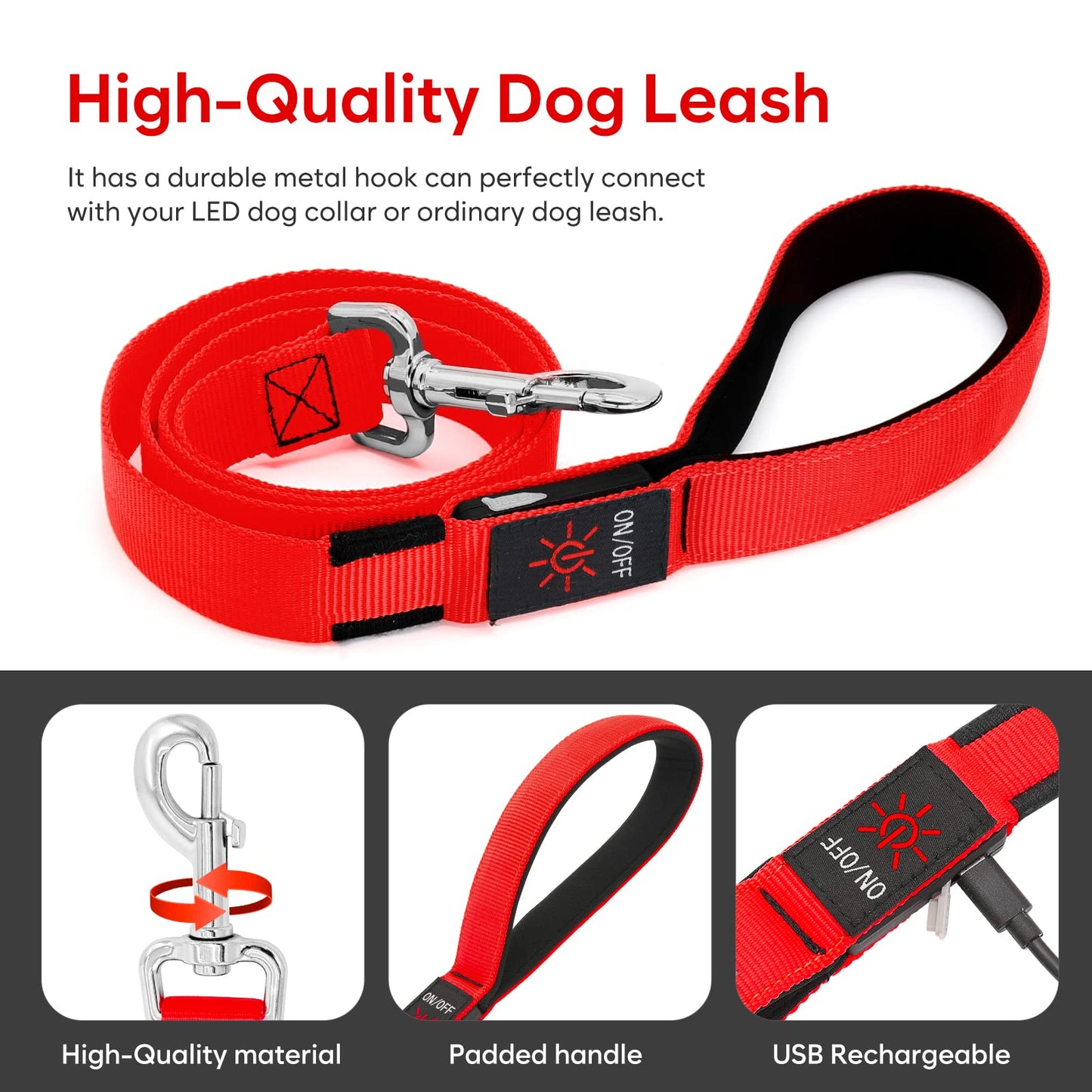Kpuplol LED Light Up Dog Leash 3 Lighting Modes USB Rechargeable, High Visibility Up to 400 Yards Safety Glow in The Dark Dog Leash for Large Medium Small Pets