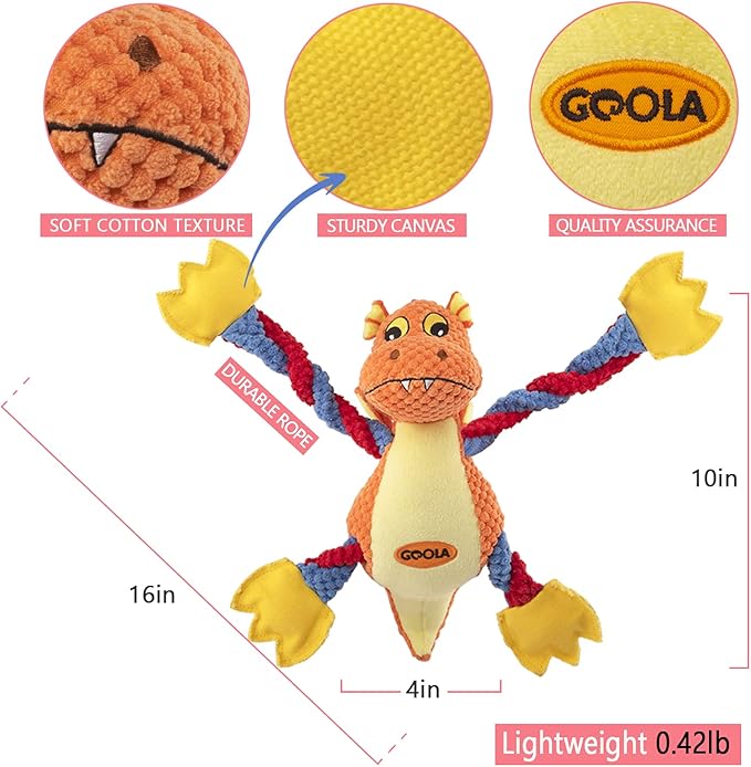 GOOLA Dog Squeaky Toys, Cute Dragon Interactive Plush Stuffed Toy with 5 Squeakers and Crinkle Paper,Pet Rope Chew Toy for Puppy Small Medium Large Breed Dogs
