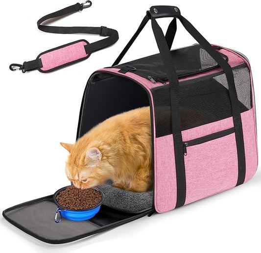 JUNGYOUN Premium Cat Carrier - Pet Carrier for Cat & Small Dogs up to 15lbs - Airline Approved Travel Dog Carrier with Anti-Escape Zippers, Collapsible Travel Bowl & Padded Strap Pink