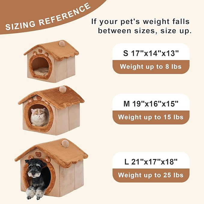 JIUPETY Cute Small Dog House Indoor, Foldable House Kennel Bed Mat with Cushion, L Size Tent Up to 25 Lbs, Dog Cave Bed with Non-Slip Bottom, Brown