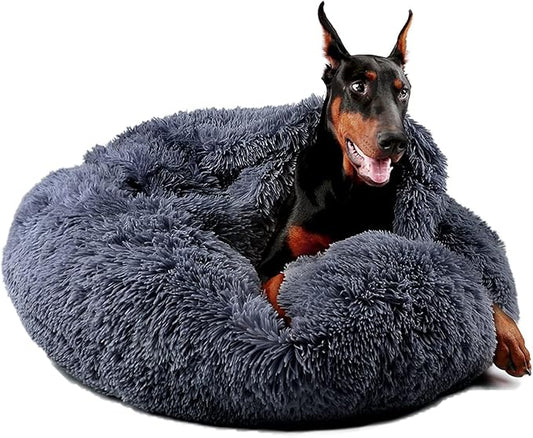 Himax Dog Beds for Large Dogs, Donut Dog Bed with Blanket Attached, Calming Dogs Beds Washable (20"/26"/35") Grey