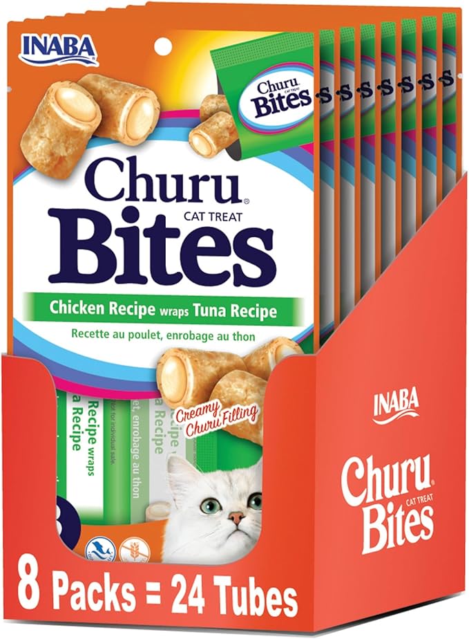 Inaba Churu Bites for Cats, Soft Baked Chicken Churu Filled Cat Treats with Vitamin E, 0.35 Ounces Each Tube, 24 Tubes Total (3 per Pack), Tuna Recipe