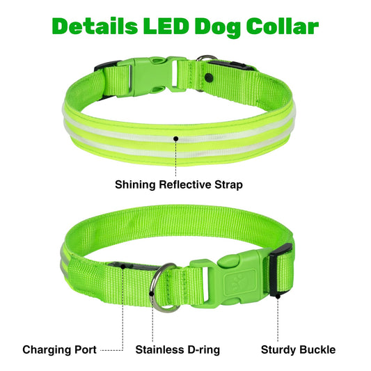 Geekman LED Dog Collar, LED Glow Collar with USB Rechargeable, Comfortable Adjustable Soft Mesh Safety Dog Collar for Dogs(Large, Green)