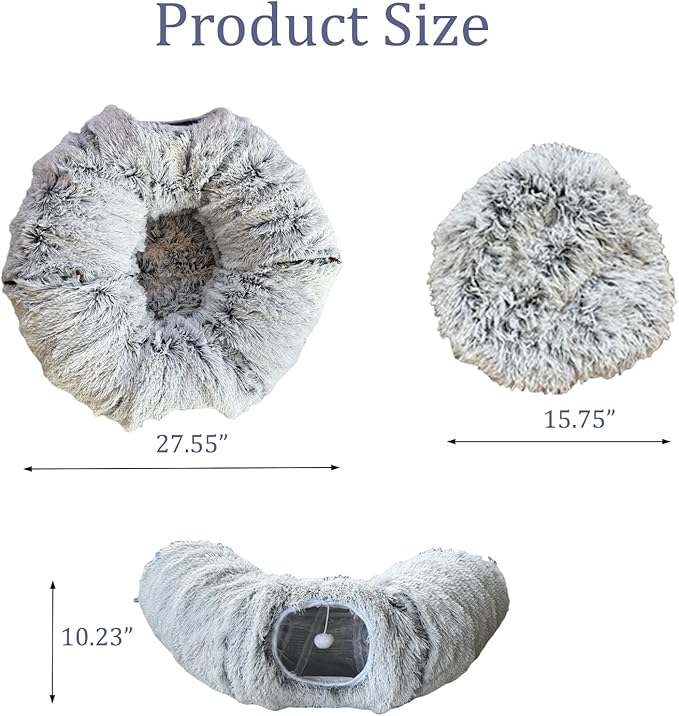 Collapsible Cat Tunnel Bed - Plush Multifunctional Pet Bed & Play Tunnel Toys with Hanging Balls & Peepholes for Indoor Kitty Kitten Puppy Rabbit Ferret