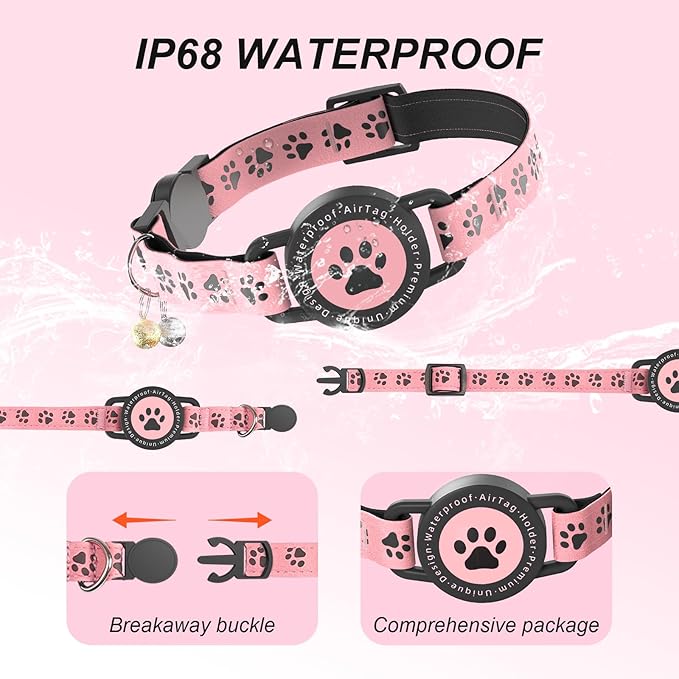 Airtag Cat Tracker Collar Waterproof - Airtag Cat Collar Breakaway - Smart Pet Activity Tracker - Breakaway Tractive with Reflective Pattern - Comfortable Padding, Adjustable (Pink)