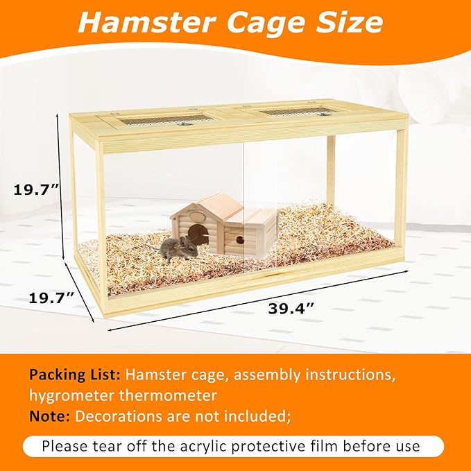 Large Hamster Cage 40", Lockable Sliding Door Gerbil Cage, Dwarf Hamster Cage with Metal Mesh Roof, Mice and Rat Habitat, Chewproof Syrian Hamster Enclosure, (Wooden, 40" L x 20" W x 20" H)