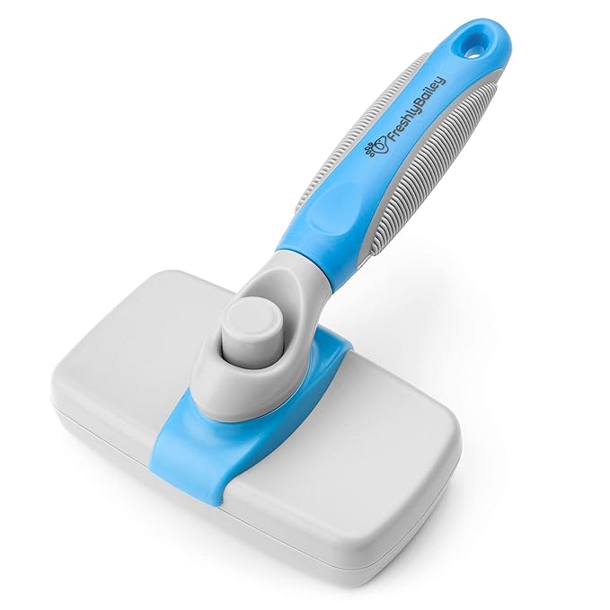 Self Cleaning Slicker Brush for Dogs and Cats - Hair Brush for Medium to Long-haired Pets - Effective, Comfortable, and Easy to Clean - White and Blue