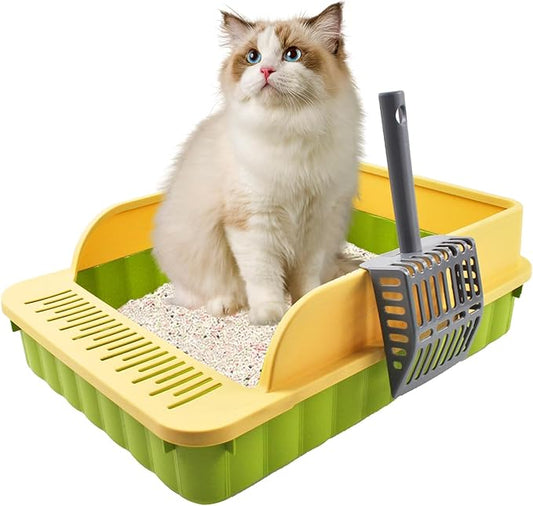 Open Top Cat Litter Box with High Side Anti-Splashing Cat Toilet with Litter Sifting Scoop Semi-Enclosed Kitten Litter Tray Pan Removable Prevent Sand Leakage Deodorizing Easy to Clean(Green)