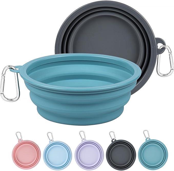 Kytely Collapsible Dog Bowls 2 Pack - 1500ml Portable Pet Food & Water Bowl for Travel, Hiking, Walking - Foldable Feeding Dish with Carabiner Clip for Dogs & Cats - X-Large (Blue & Grey)