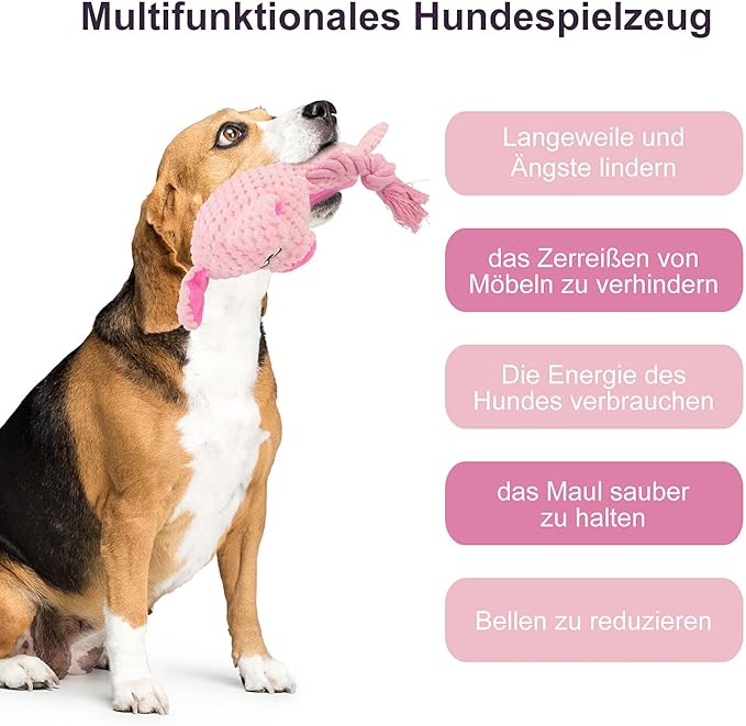 Dog Toys, Dog Squeaker Toys with Crinkle Paper, Stuffed Animal Dog Plush Chewing Toy, Cotton Rope Interactive Toys for Puppy, Small, Middle Dogs (Pink Pig)