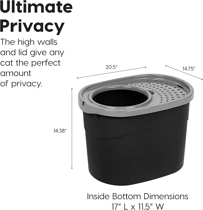 IRIS USA Top Entry Cat Litter Box, Large Enclosed with Litter Catching Lid and Scoop, Dog Proof, Cat Litter Box, Black/Gray