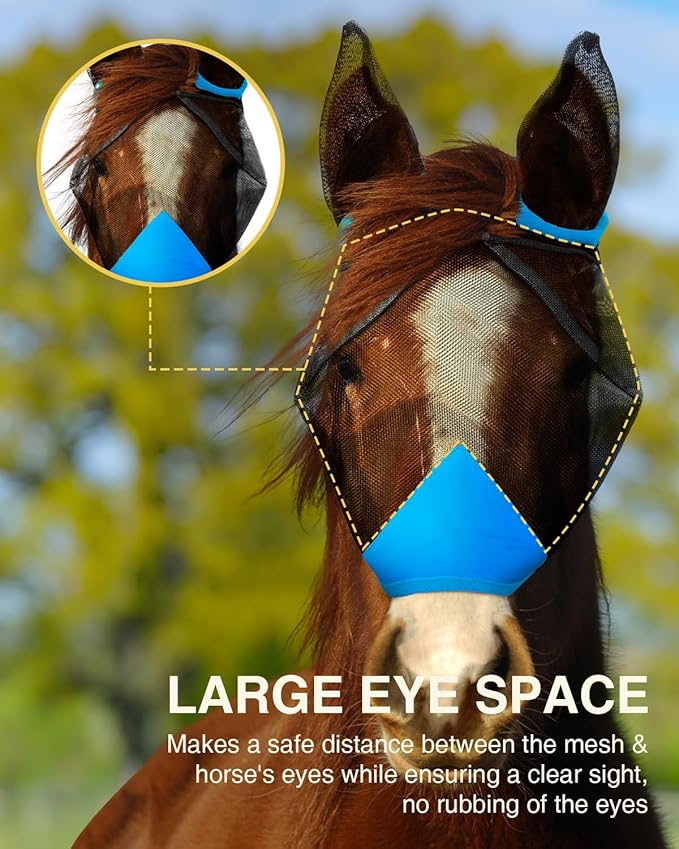 Hilltown Adjustable Fly Mask for Horse with Ears - UV-Block, Large Eye Space, Breathable, Built to Last, Comfort Fit - Horse Fly Mask for Daily Stable, Hot Weather Riding & Competition - X-Full, Blue