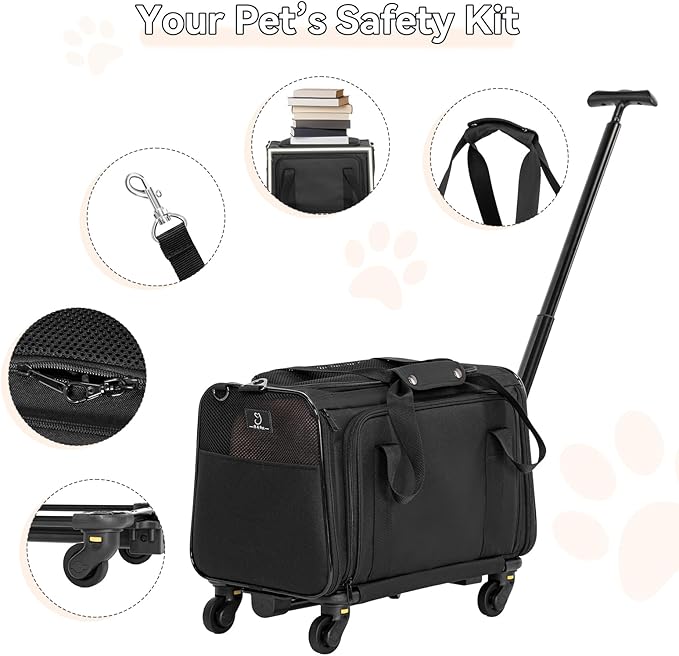 A4Pet Airline-Checked Pet Carrier with Wheels(Removable) & Retractable Handle - Soft Cat Carrier, Small Dog Carrier, Fits Under Airline Seats, 15lb Capacity, Pet Carrier for Cats/Small Dogs