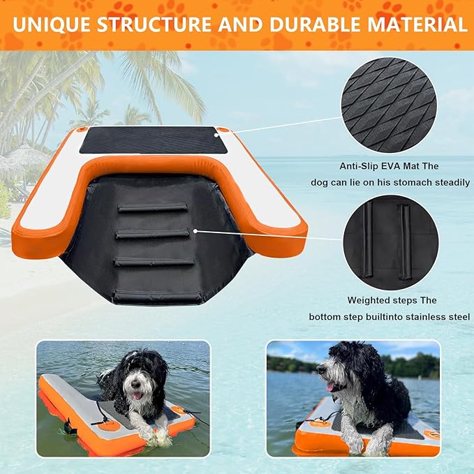 Inflatable Dog Water Ramp, Non-Slip Floating Dock Ladder for Pools, Boats & Lakes, Pool Ramp for Dogs Up to 200 Pounds, Orange