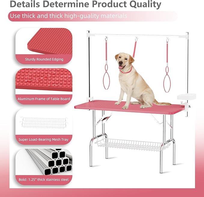 VFK 47'' Large Dog Grooming Table Stainless Steel Foldable Grooming Table for Dogs at Home Adjustable Height Arms Pet Station with Nooses, Mesh Tray, Tool Organizer
