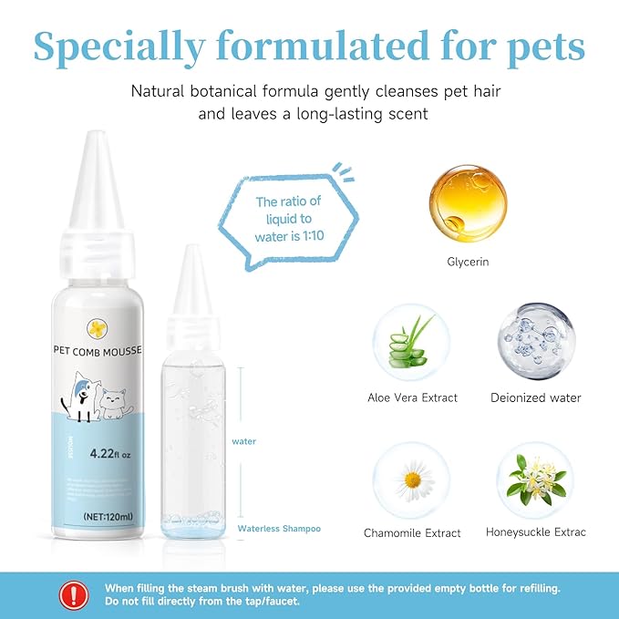 Pet Steam Brush for Dog & Cat - 3-in-1 Steam Grooming Brush for Shedding & Hair Removal - Self Cleaning Spray Comb with Mist for Long Haired Pets - Includes 1*Waterless Shampoo, Yellow