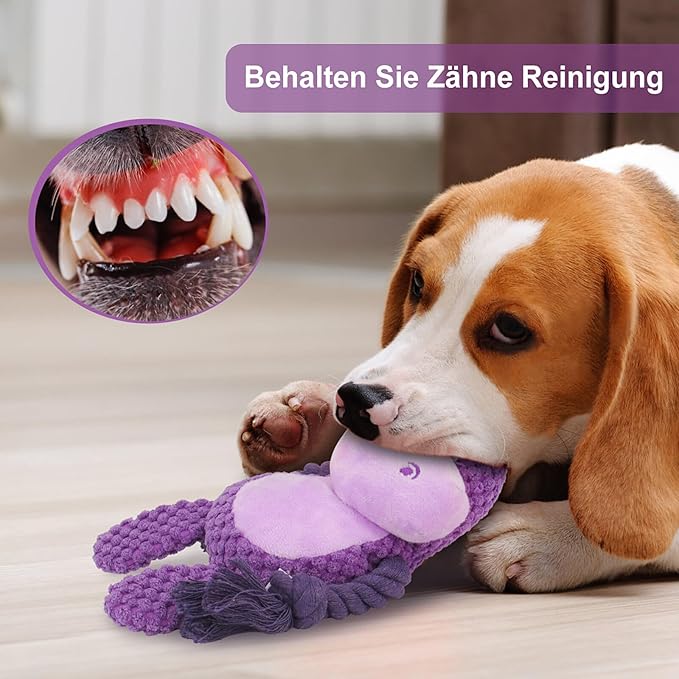 Dog Toys, Dog Squeaker Toys with Crinkle Paper, Stuffed Animal Dog Plush Chewing Toy, Cotton Rope Interactive Toys for Puppy, Small, Middle Dogs (Purple Hippo)