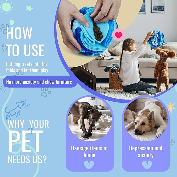 Pet Snuffle Ball, Puzzle Sniffing Interactive Dog Ball for Blind Dogs Training Stress Relief Dog Enrichment Toys Treat Machine Washable (Ocean Blue, 10cm)