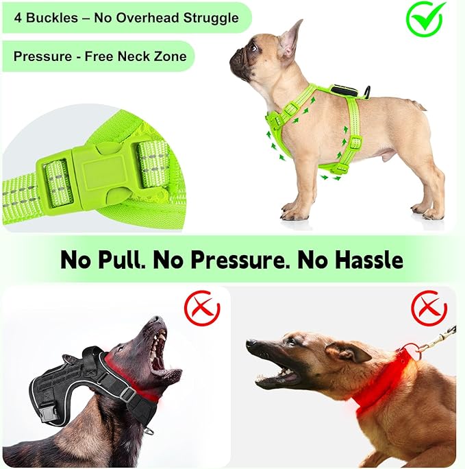 Rechargeable Light Up Dog Harness for Small Dogs – Adjustable LED Dog Vest with Reflective Strips, No Pull Glow in The Dark Puppy Harness for Night Walking Safety-Green