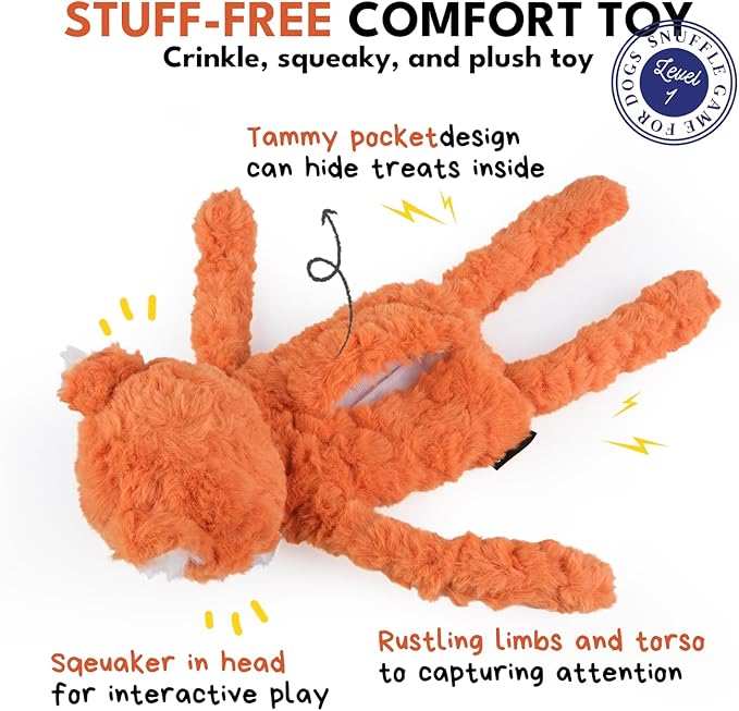 Stuffless Dog Toy, Interactive Dog Toys, Plush Puppy Squeaky Toy with Fox Design, Puppy Puzzle Toys Stress Release Game for Boredom, Crinkle Snuffle Puzzle for Small Medium and Large Dogs