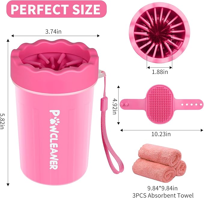 Comotech Dog Paw Cleaner, Pet Foot Washer - Quickly Clean a Muddy Paw, Soft Silicone Bristles, Suitable for Small, Medium, Large Breed Dogs, Pink (with 3 Absorbent Towel)