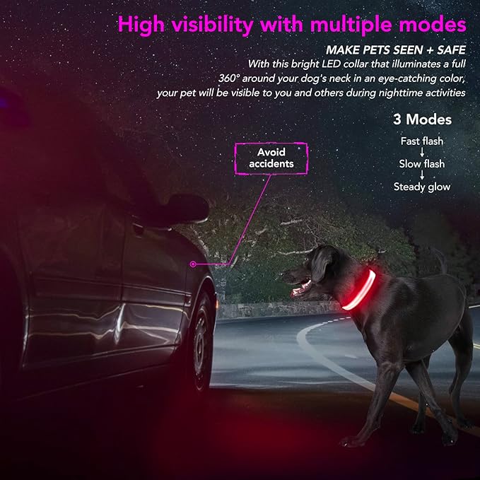 Light Up Dog Collar at Night, Led Dog Collar Adjustable, Lighted Dog Collar Rechargeable Waterproof, Dog Lights for Night Walking, Glow in The Dark Dog Collars Light for Medium Large Dogs PM