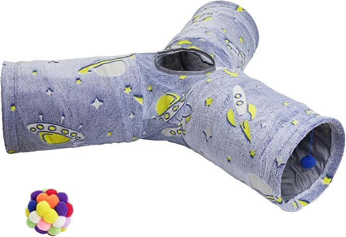 3-Way Plush Cat Tunnel Tube, Cat Toys Collapsible Tunnel Tube with Noctilucous Pattern and Cat Toy Ball, Cat Tunnel for Indoor, Suit for Rabbits, Kittens, Ferrets,Puppy and Dogs,Small Animals