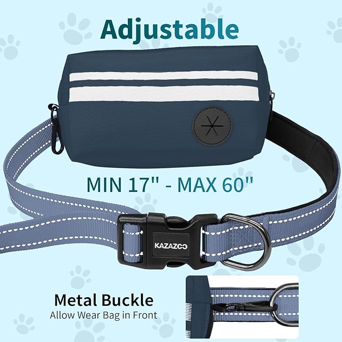 Hands Free Dog Leash with Removable Zipper Pouch, Dual Padded Handles and Durable Bungee for Walking, Jogging and Running-Navy Blue