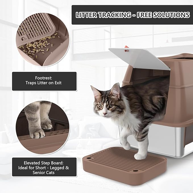 Stainless Steel Cat Litter Box with Lid Extra Large Open-Top Dual Entry Enclosed Metal Pan Tray with High Sides Pedal Scoop Non-Stick Anti-Leakage Easy Cleaning for Big Multi-Cat (Brown)