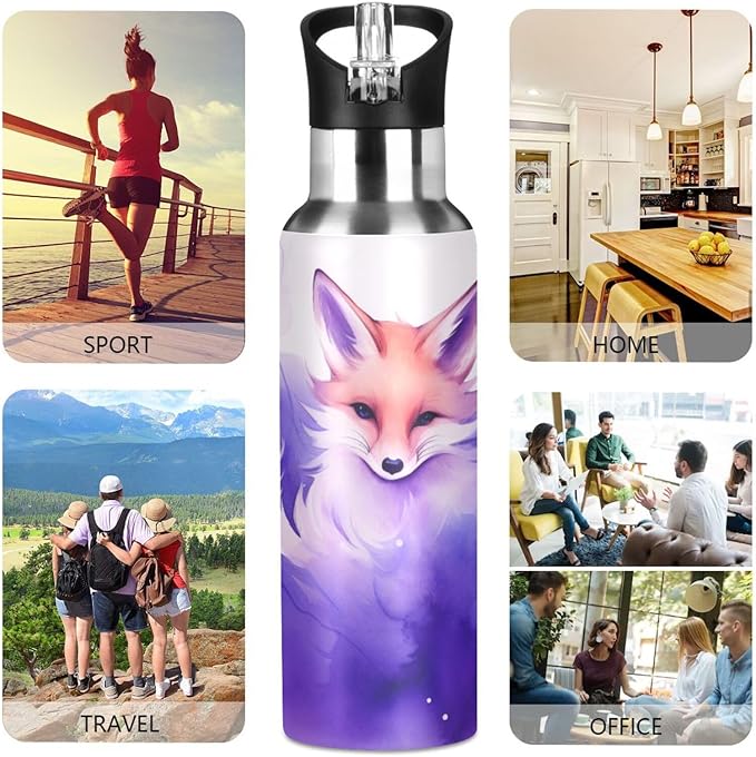 Fox Art Water Bottle with Straw Lid Kids Insulated Stainless Steel Water Flask Sports, 20 Oz Hot Cold