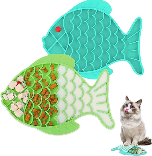 2 Pack Slow Feeder Cat Bowls, Fish-Shaped Silicone Puzzle Kitten Puppy Dog Feeders Non-Slip Design Lick Mat for Healthy Eatting,Treats Boredom Anxiety Reduction Reducer [Blue,Green]