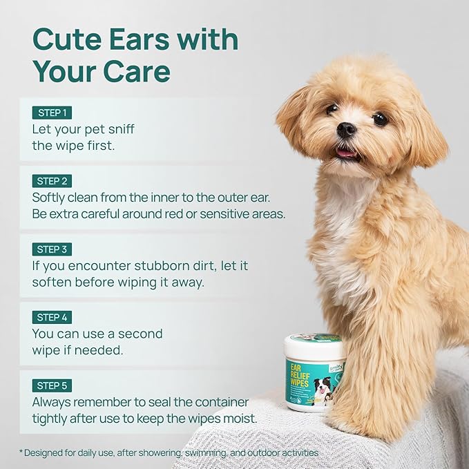 Pet Ear Wipes, Ear Cleaner Wipes for Dogs & Cats, Enzymes and Baking Soda - Fast Relief Ear Itching and Inflammation, Dog Ear Infection Treatment, Remove Dirt and Wax Build Up, 50 Count