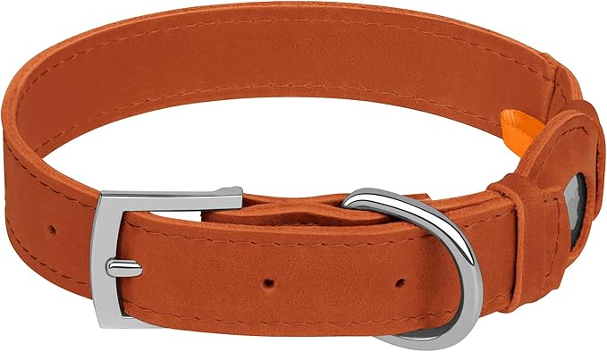 Leather Dog Collar with Airtag Holder - Apple AirTag Dog Collars - Soft Tracking Smart GPS Pet Collar for Small Medium Large Dogs Puppy (Brown, M, 12"-15" Neck Fit)