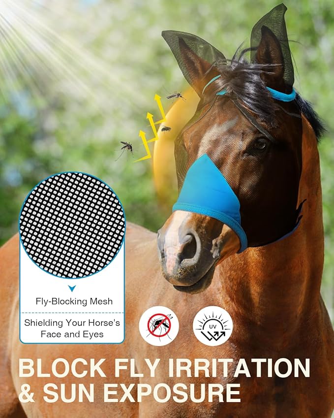 Hilltown Adjustable Fly Mask for Horse with Ears - UV-Block, Large Eye Space, Breathable, Built to Last, Comfort Fit - Horse Fly Mask for Daily Stable, Hot Weather Riding & Competition - Pony, Blue