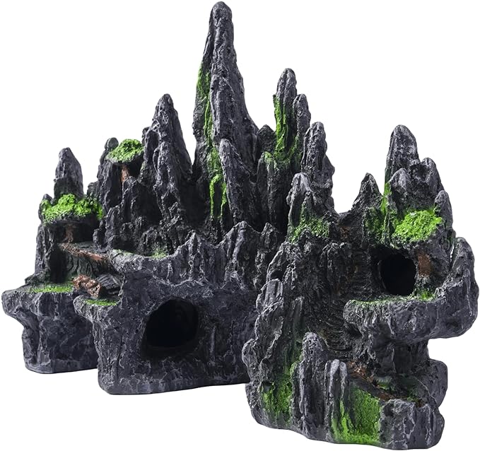 Large Fish Tank Decorations - Mountain View Aquarium Ornament with Tree House Cave Bridge,Large