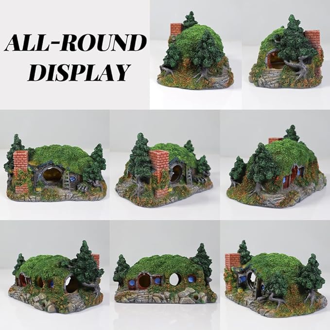 Hobbit Fish Tank Decorations Reptile House Hidden Hole Landscaping for Aquarium and Reptiles Decorations Mini Garden Decorating Two Sizes (S)