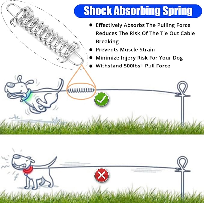 Jenico Dog Tie Out Cable, 10-150FT Runner Cable with Swivel Hook and Shock Spring, Yard & Camping Dog Leash Tether for Small to Medium Pets Up to 500 LBS