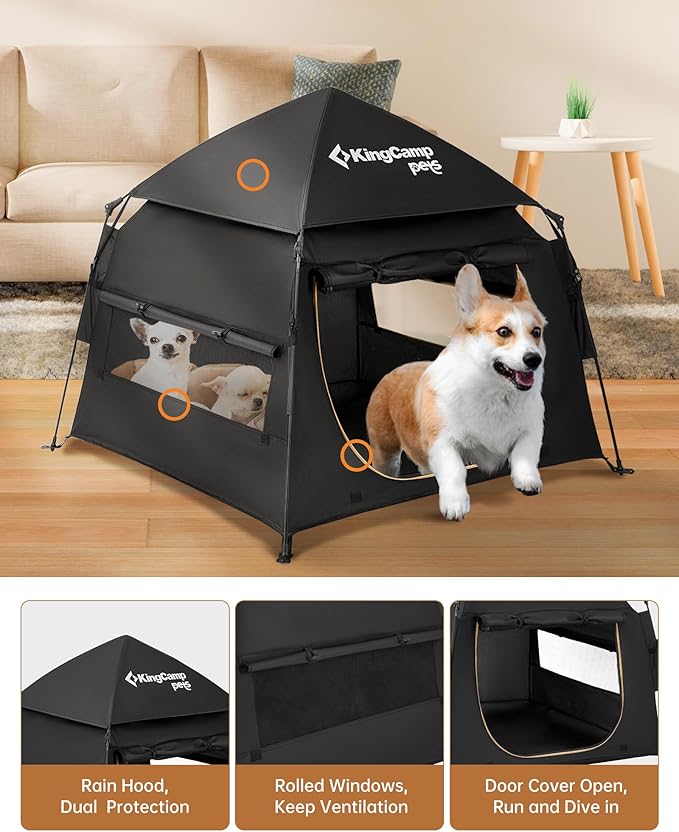 KingCamp Dog Tent, Large Portable Outdoor Indoor Dog House with 600D Oxford Fabric & Dual Layer for Medium Large Dogs, Jet Black