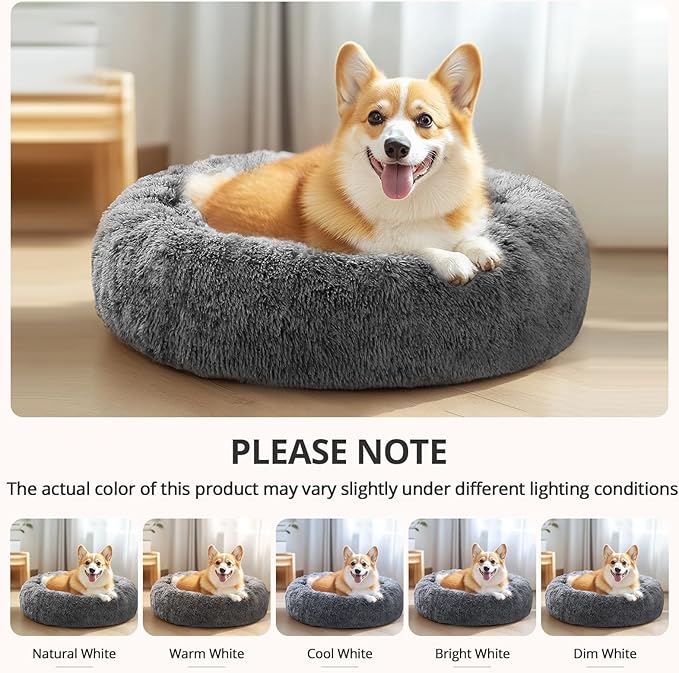 JOLLYVOGUE Calming Dog & Cat Bed for Small Dogs, Anti-Anxiety Donut Cuddler Cozy Soft Round Bed with Anti-Slip Bottom, Fluffy Faux Fur Plush Cushion Beds for Small Medium Dogs, 23"/Smoke Black