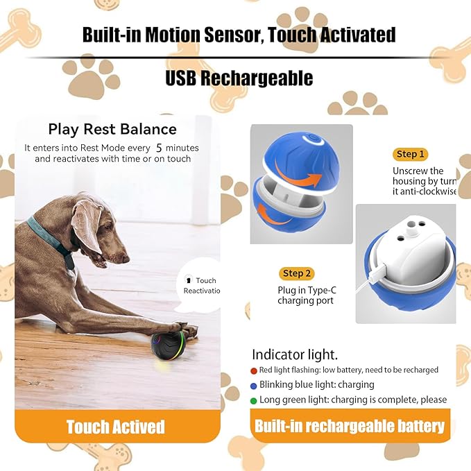 Interactive Dog Toys Dogs Ball,Moving Dog Toy with Touch Activated,Anti Boredom Dog Toys for Small Medium Dogs,Tough Motion Activated Automatic Vibrating Dog Ball,USB Rechargeable (Blue)
