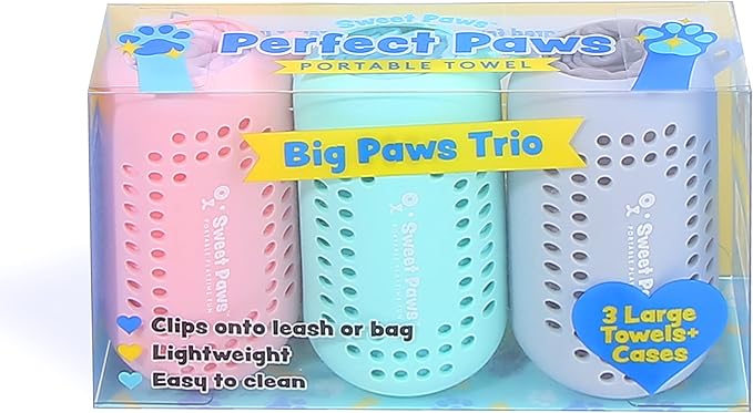 Sweet Paws Portable Dog Paw Towel, Lightweight & Super Absorbent Microfiber, Clips onto Leash, Quick Drying Towel for Dogs Paws with Silicone Case, Dry Dog’s Paws on The Go - 3 Pieces Set - Large