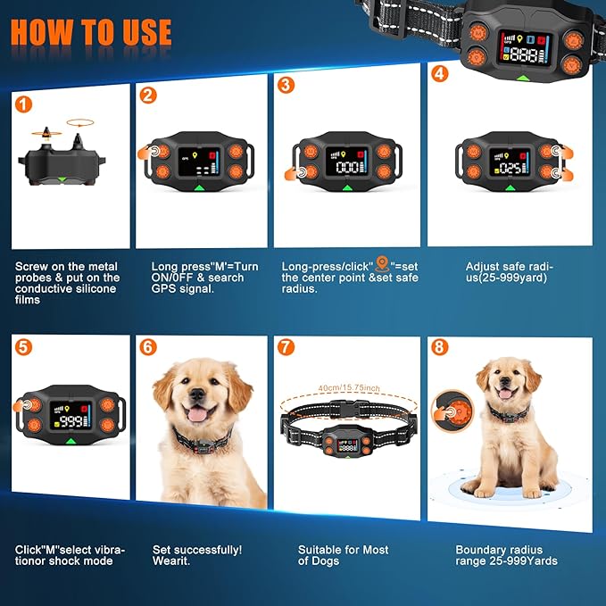 GPS Wireless Dog Fence, GPS Dog Collar Fence System, Adjustable 25-999 Yards Range, IPX7 Waterproof, 5 Training Modes for Medium/Large Dogs Over 15 Lbs