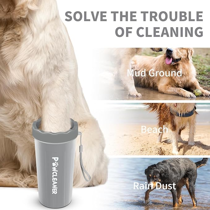 Comotech Dog Paw Washer with Bath Brush - Large, Grey (with 3 Absorbent Towels, Adjustable Handle for Long & Short Haired Dogs)