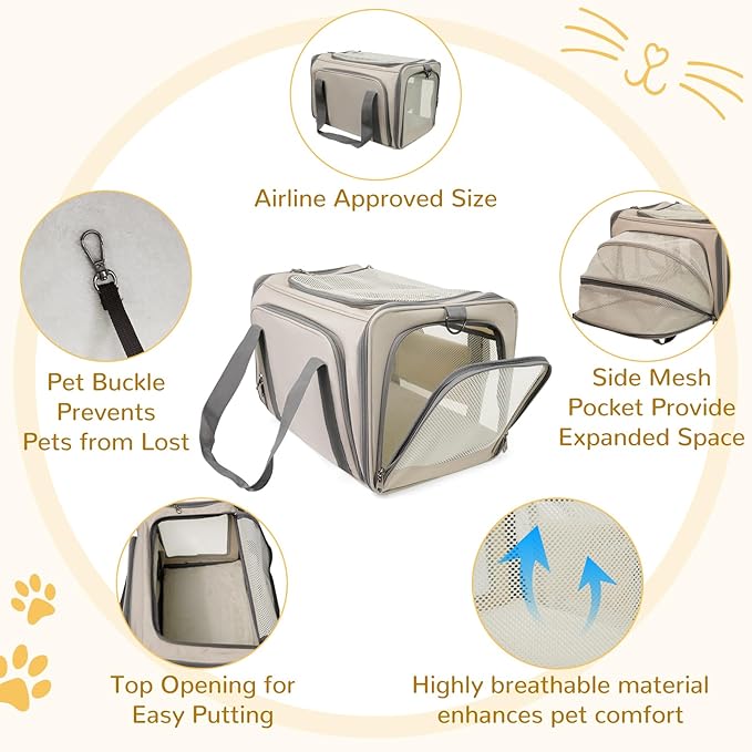 Cat Carrier Soft, TSA Airline Approved Pet Carriers, Expandable Dog Carrier for Travel, Soft Sided Collapsible Pet Travel Carrier for Cats and Small Dogs, Grey