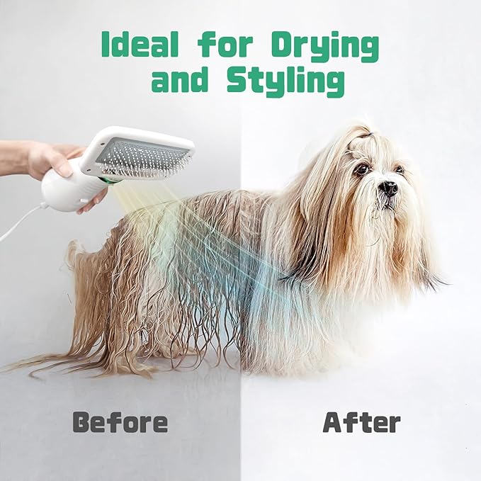 Dog Hair Dryer, 2-in-1 Dog Blow Dryer with Slicker Brush, 300W Pet Hair Dryer for Small and Medium-Sized Dogs and Cats, Dog Grooming Dryer Portable ＆ Adjustable Temperature